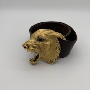 Vtg Christopher Ross Belt Buckle Snarling Angry Dog Wolf 1976 Gold Plate Metal